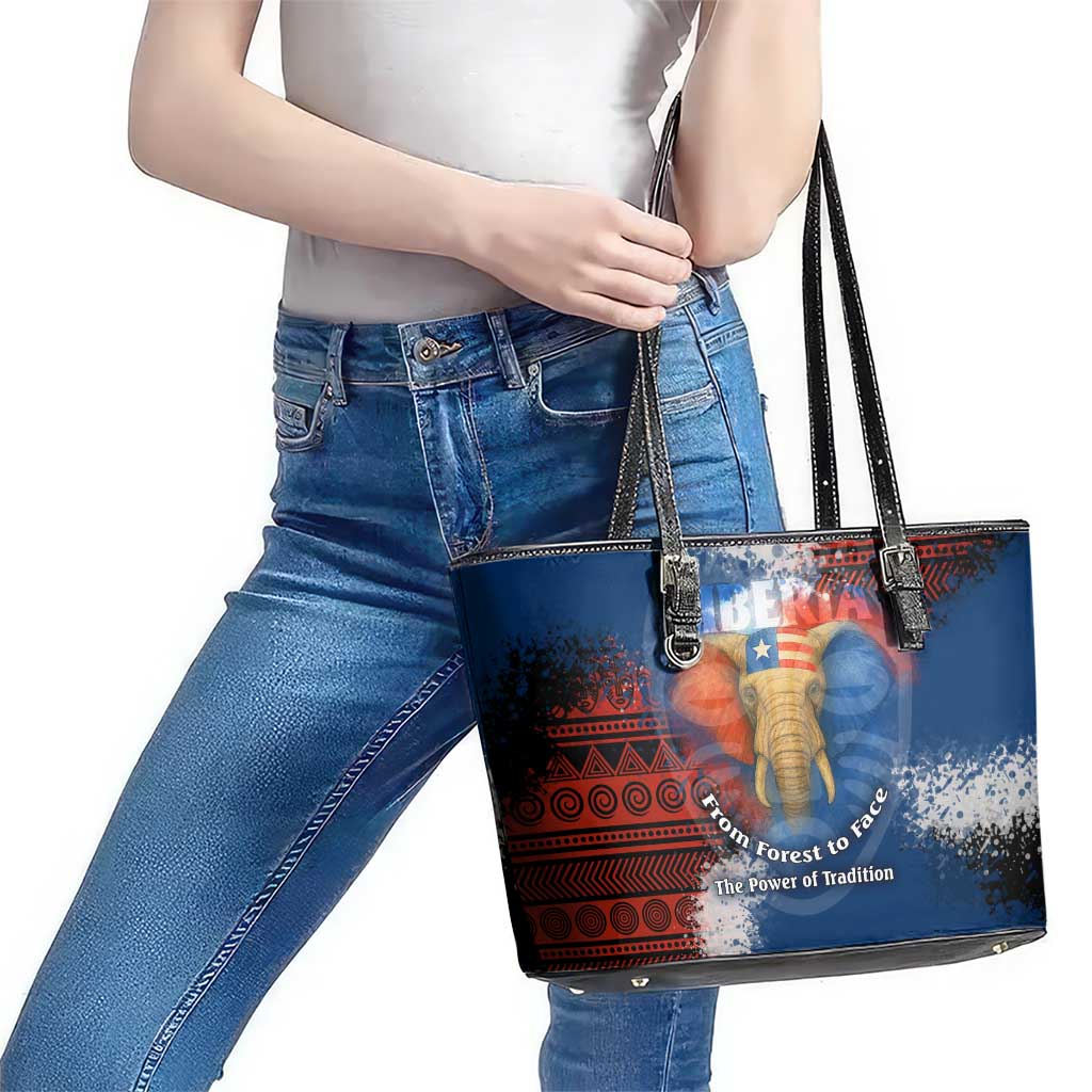 Liberia Elephant Power of Tradition Leather Tote Bag with Tribal Red Blue Splash Pattern