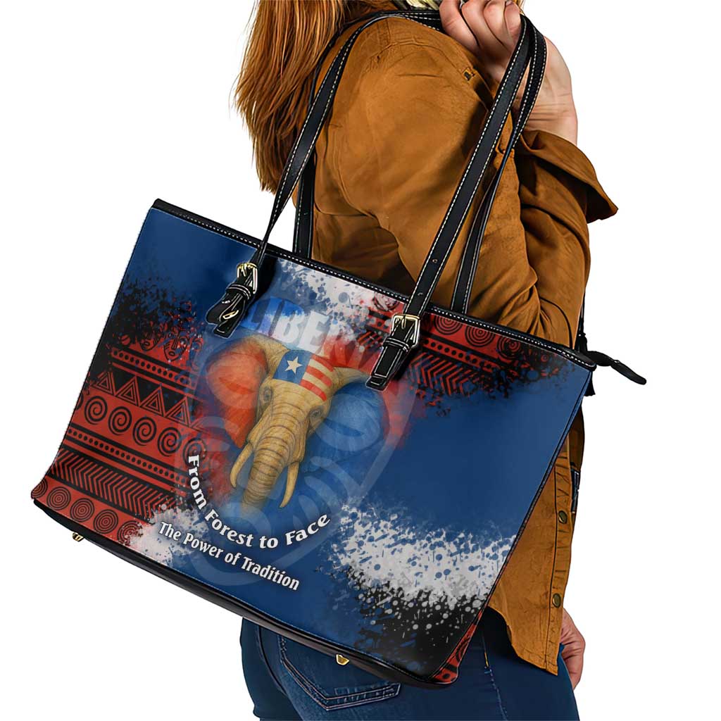 Liberia Elephant Power of Tradition Leather Tote Bag with Tribal Red Blue Splash Pattern