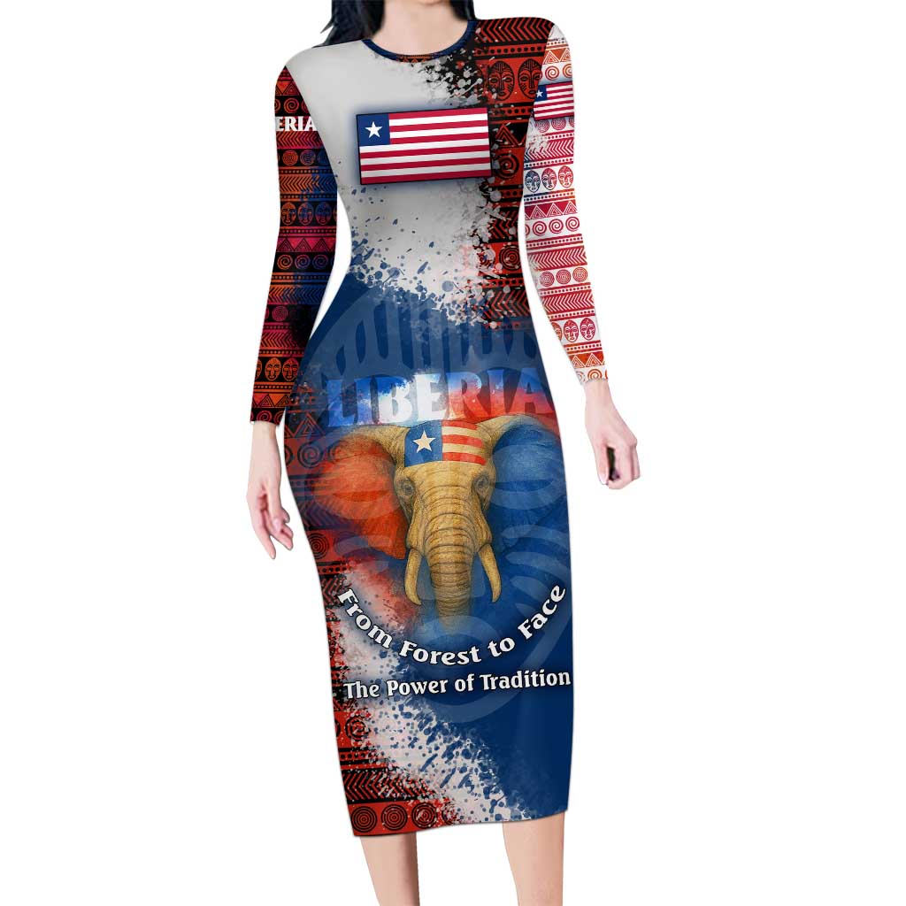 Liberia Elephant Power of Tradition Long Sleeve Bodycon Dress with Tribal Red Blue Splash Pattern