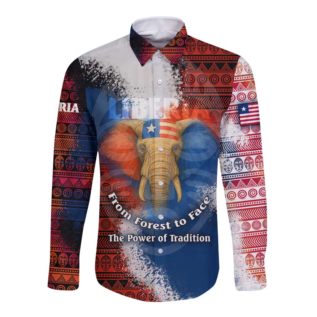 Liberia Elephant Power of Tradition Long Sleeve Button Shirt with Tribal Red Blue Splash Pattern