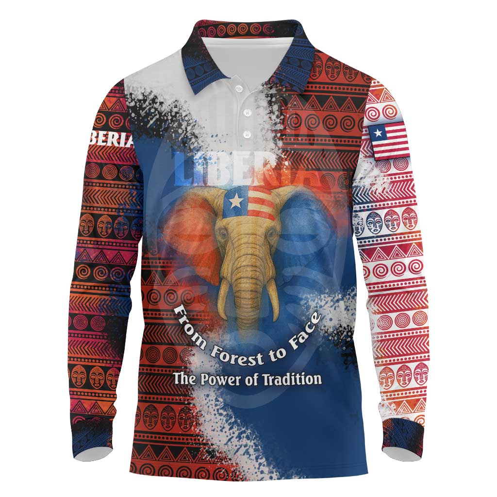 Liberia Elephant Power of Tradition Long Sleeve Polo Shirt with Tribal Red Blue Splash Pattern
