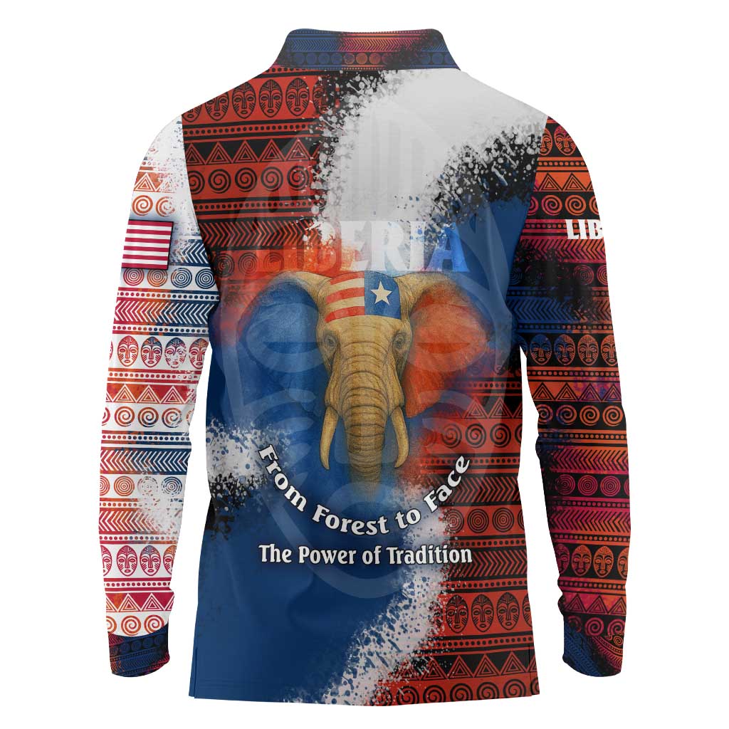 Liberia Elephant Power of Tradition Long Sleeve Polo Shirt with Tribal Red Blue Splash Pattern