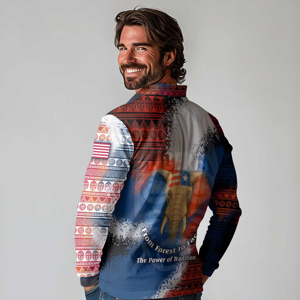 Liberia Elephant Power of Tradition Long Sleeve Polo Shirt with Tribal Red Blue Splash Pattern