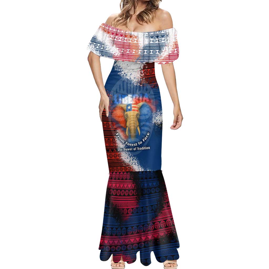 Liberia Elephant Power of Tradition Mermaid Dress with Tribal Red Blue Splash Pattern