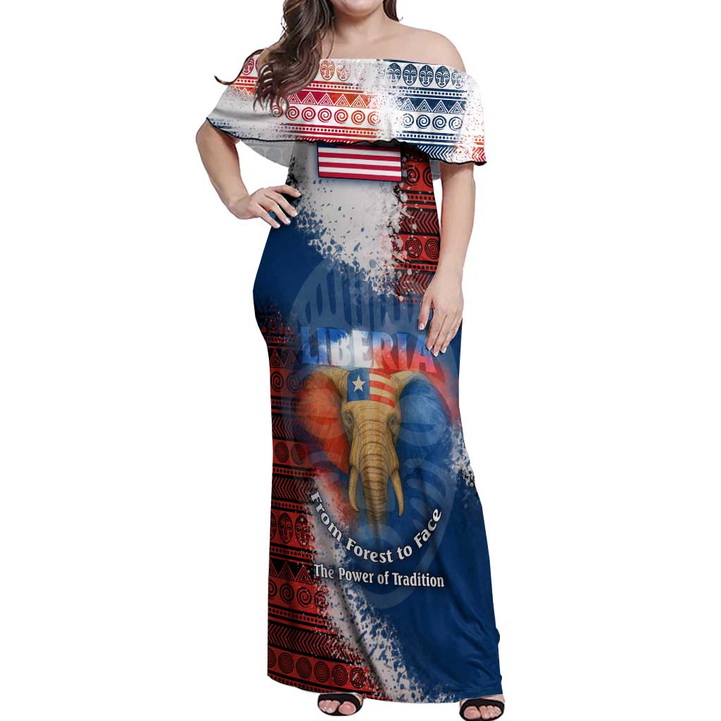 Liberia Elephant Power of Tradition Off Shoulder Maxi Dress with Tribal Red Blue Splash Pattern