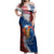 Liberia Elephant Power of Tradition Off Shoulder Maxi Dress with Tribal Red Blue Splash Pattern