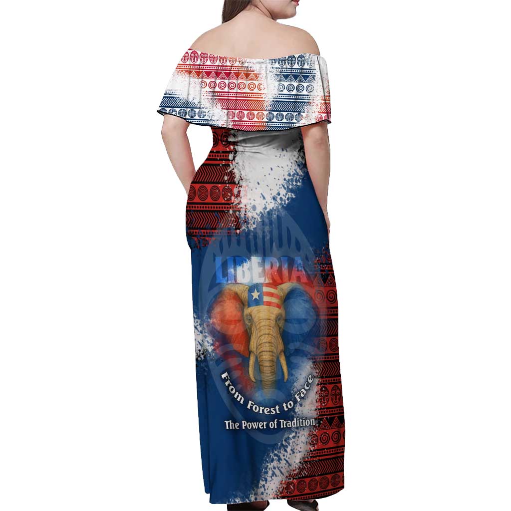 Liberia Elephant Power of Tradition Off Shoulder Maxi Dress with Tribal Red Blue Splash Pattern