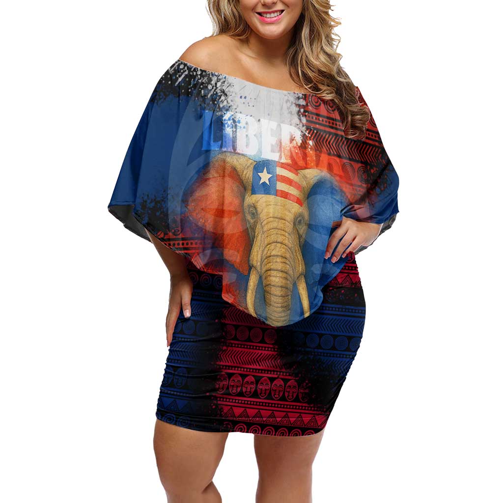 Liberia Elephant Power of Tradition Off Shoulder Short Dress with Tribal Red Blue Splash Pattern