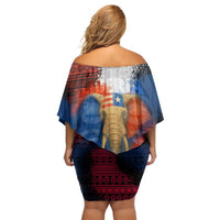 Liberia Elephant Power of Tradition Off Shoulder Short Dress with Tribal Red Blue Splash Pattern