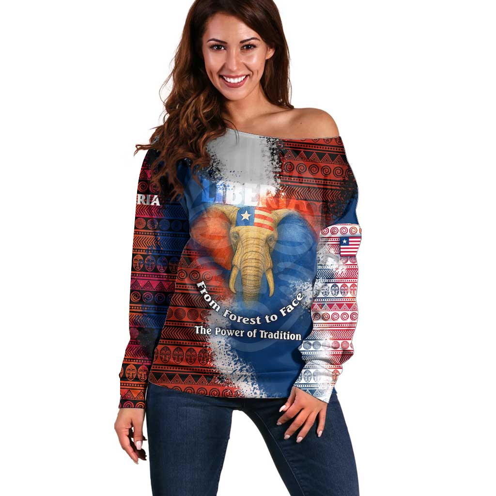 Liberia Elephant Power of Tradition Off Shoulder Sweater with Tribal Red Blue Splash Pattern