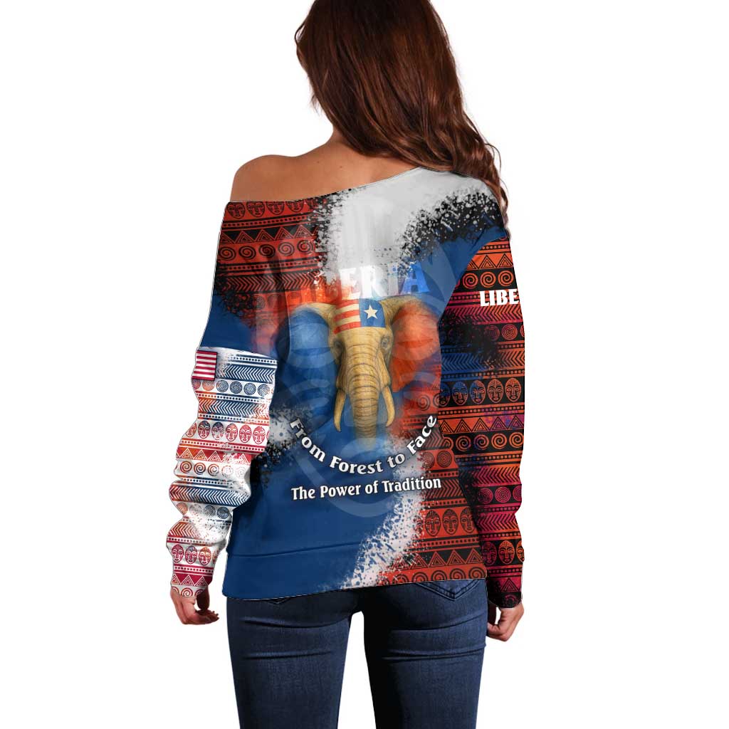 Liberia Elephant Power of Tradition Off Shoulder Sweater with Tribal Red Blue Splash Pattern