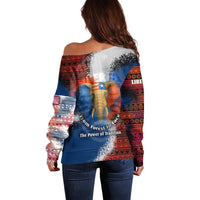 Liberia Elephant Power of Tradition Off Shoulder Sweater with Tribal Red Blue Splash Pattern