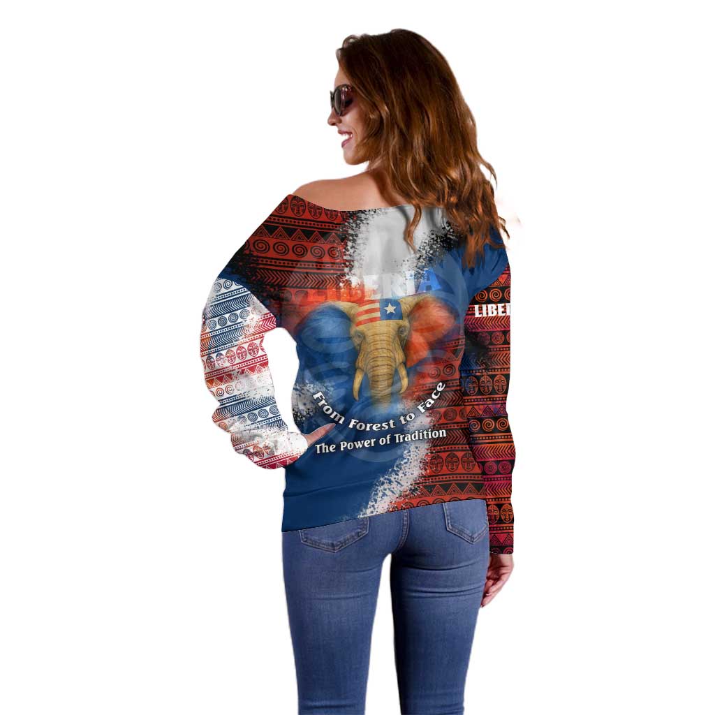 Liberia Elephant Power of Tradition Off Shoulder Sweater with Tribal Red Blue Splash Pattern