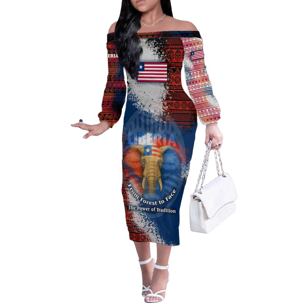 Liberia Elephant Power of Tradition Off The Shoulder Long Sleeve Dress with Tribal Red Blue Splash Pattern
