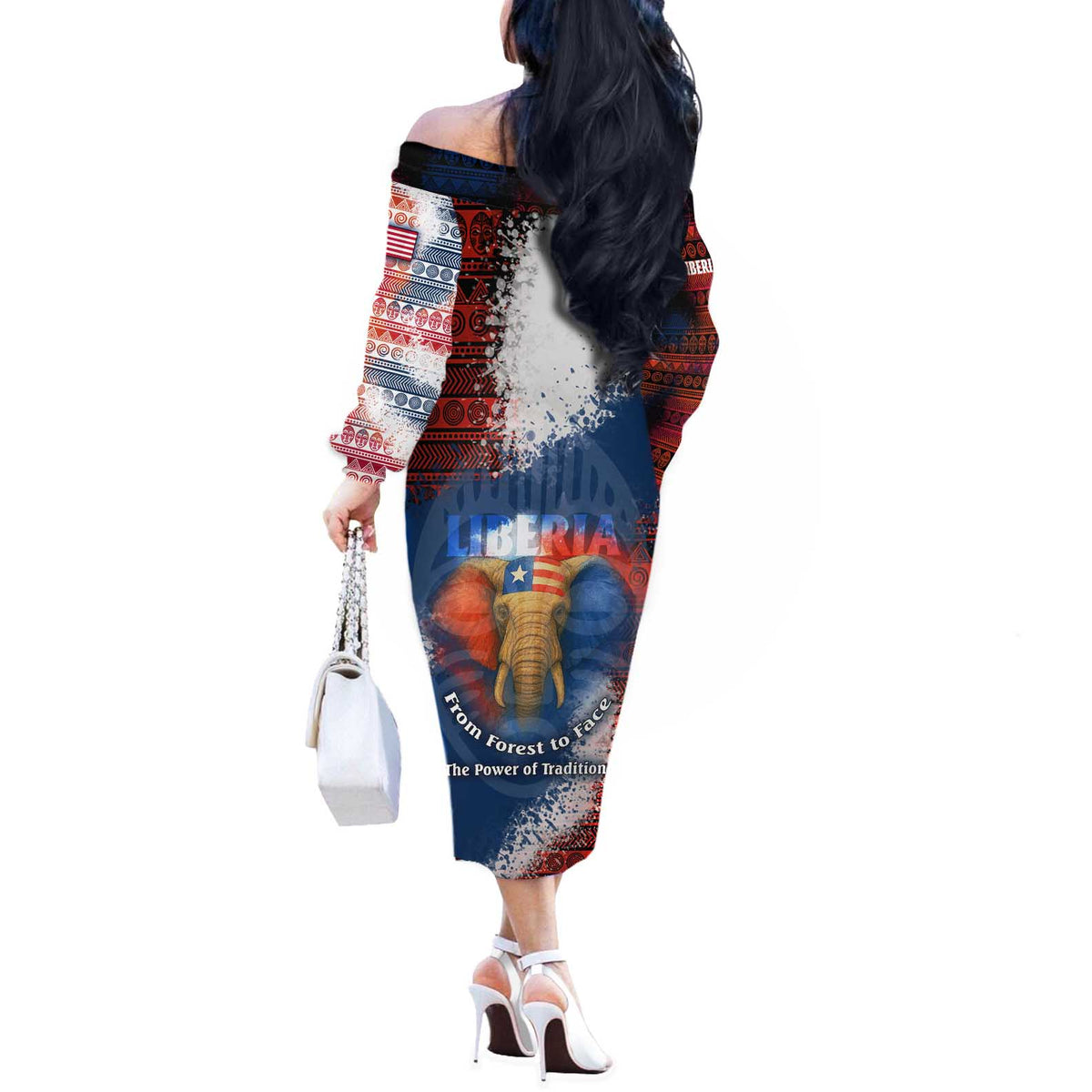 Liberia Elephant Power of Tradition Off The Shoulder Long Sleeve Dress with Tribal Red Blue Splash Pattern