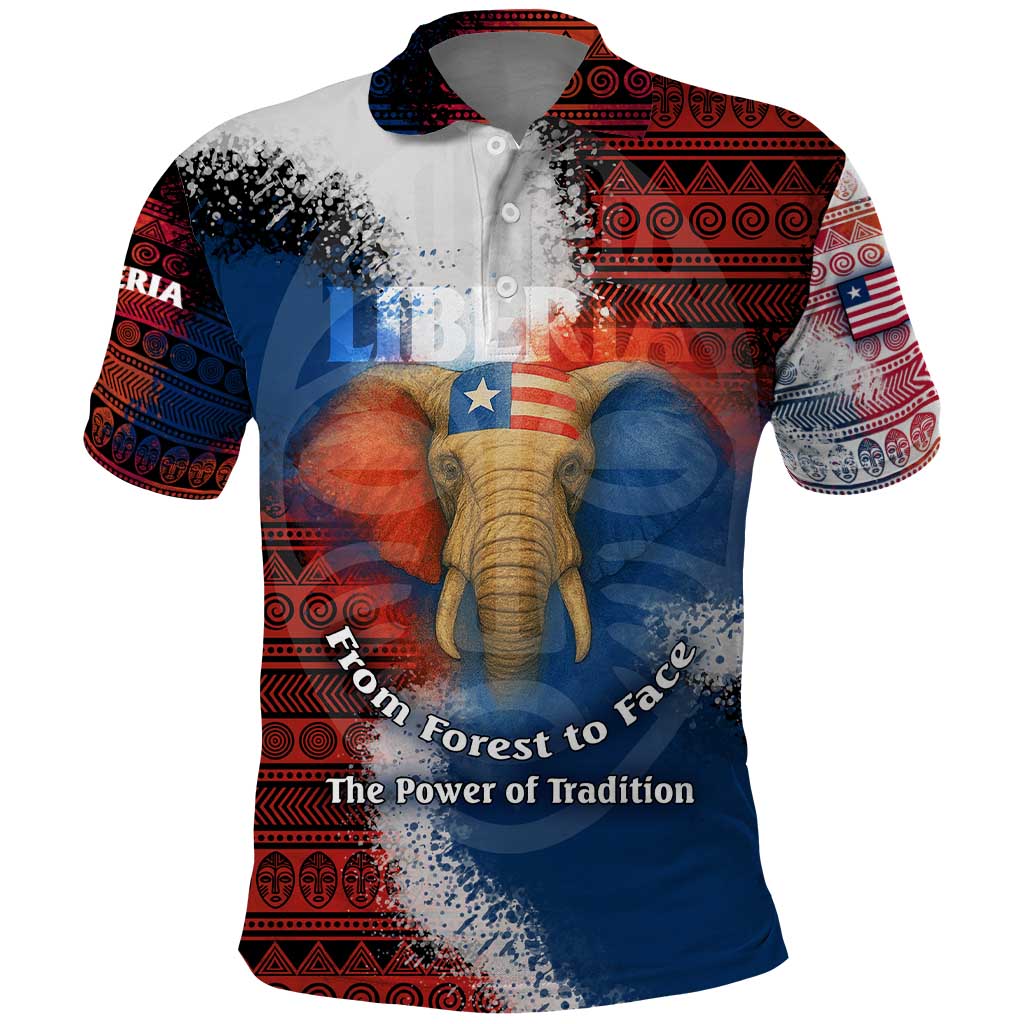 Liberia Elephant Power of Tradition Polo Shirt with Tribal Red Blue Splash Pattern