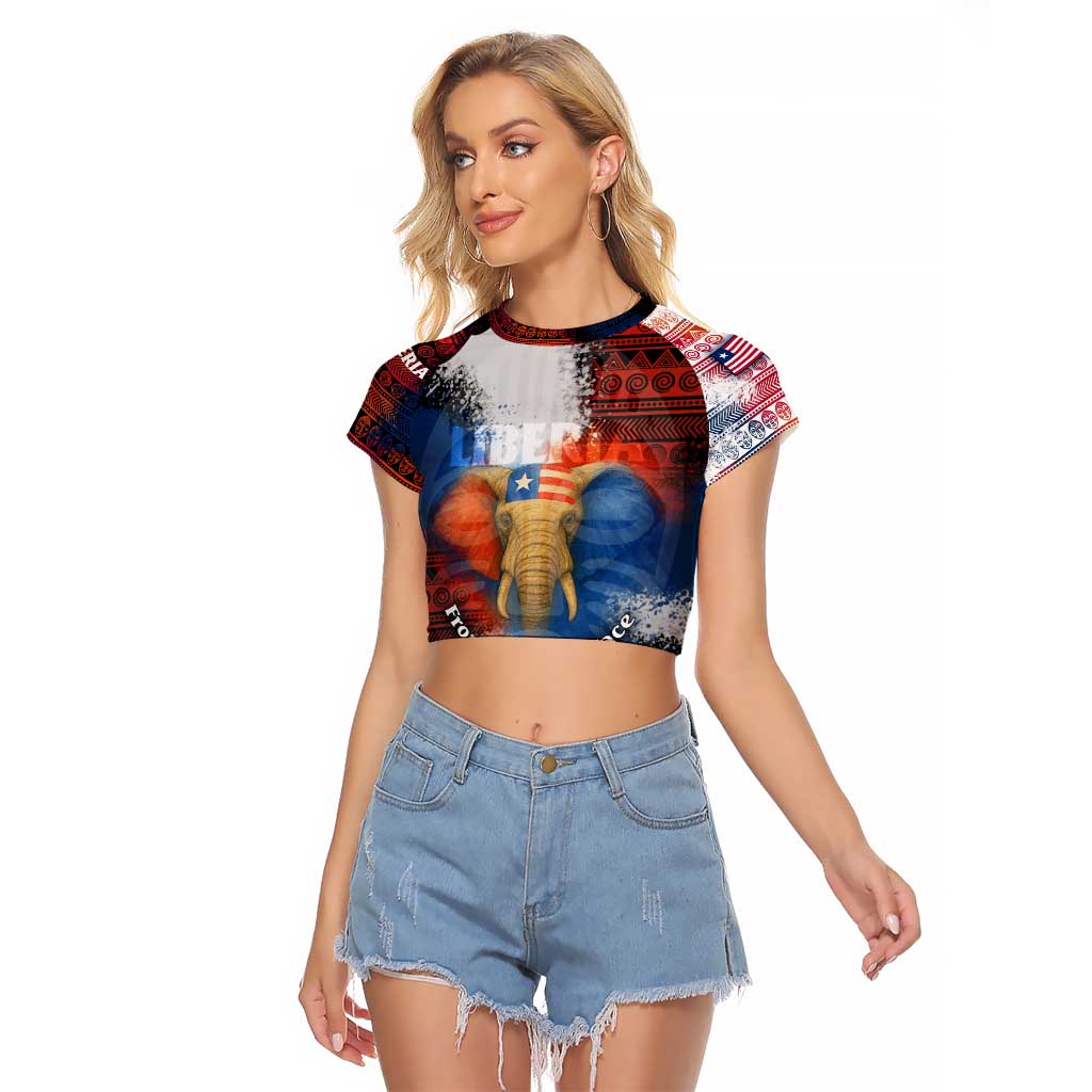 Liberia Elephant Power of Tradition Raglan Cropped T Shirt with Tribal Red Blue Splash Pattern