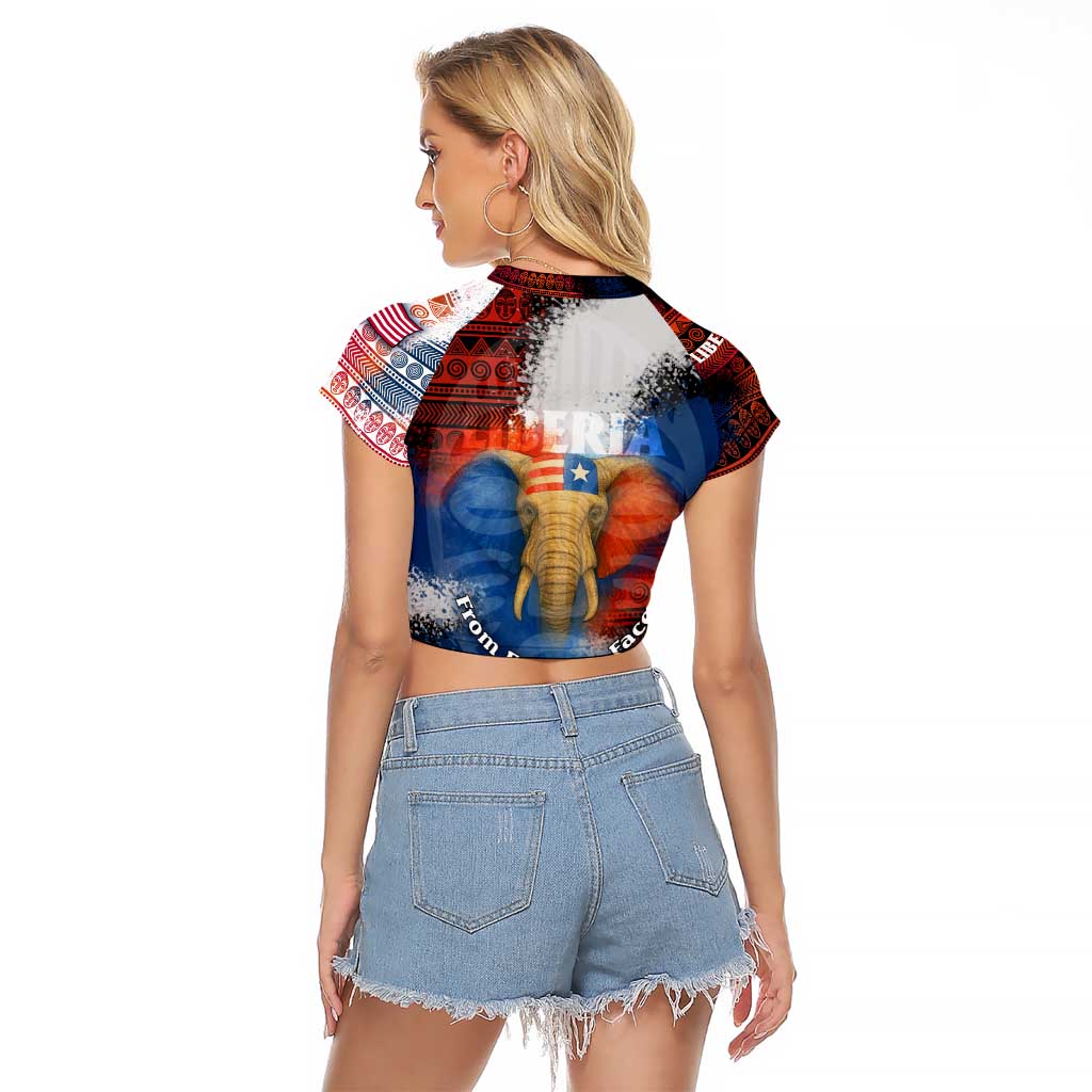 Liberia Elephant Power of Tradition Raglan Cropped T Shirt with Tribal Red Blue Splash Pattern
