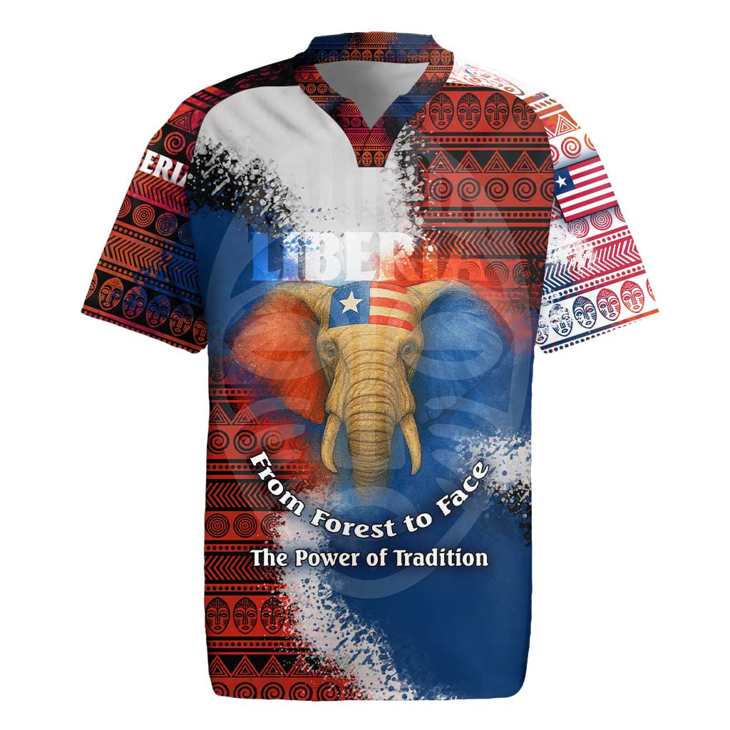 Liberia Elephant Power of Tradition Rugby Jersey with Tribal Red Blue Splash Pattern