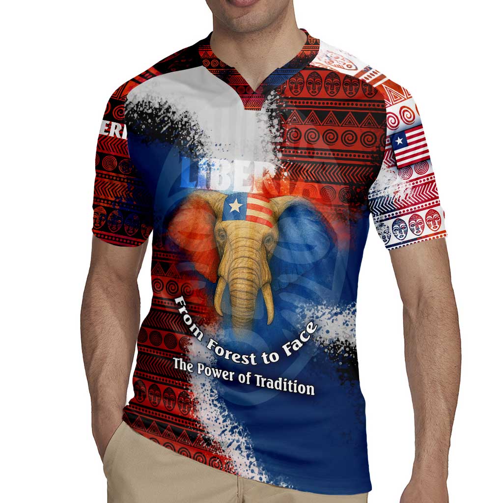 Liberia Elephant Power of Tradition Rugby Jersey with Tribal Red Blue Splash Pattern