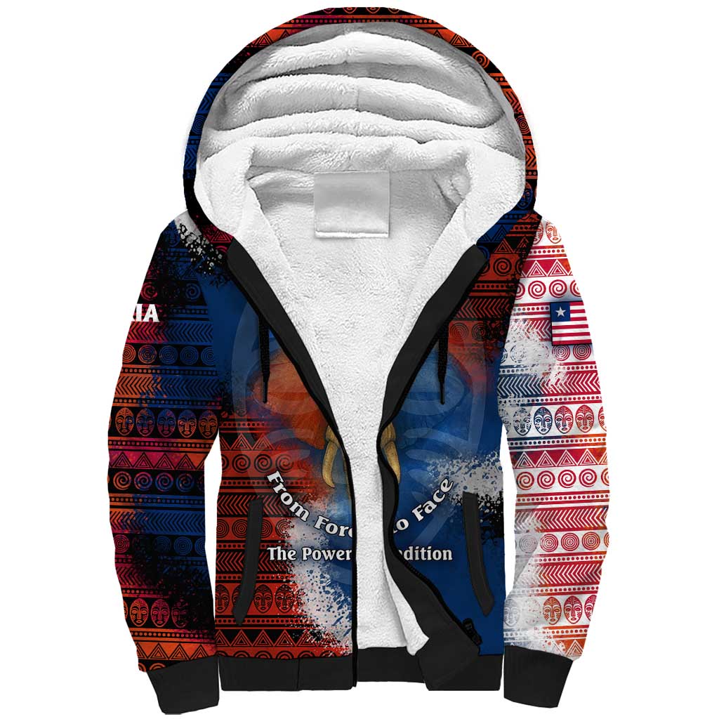 Liberia Elephant Power of Tradition Sherpa Hoodie with Tribal Red Blue Splash Pattern