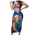 Liberia Elephant Power of Tradition Short Sleeve Bodycon Dress with Tribal Red Blue Splash Pattern