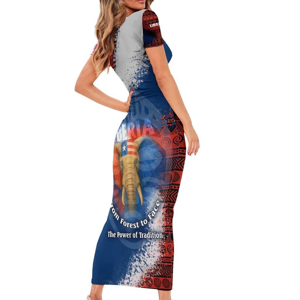 Liberia Elephant Power of Tradition Short Sleeve Bodycon Dress with Tribal Red Blue Splash Pattern