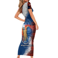Liberia Elephant Power of Tradition Short Sleeve Bodycon Dress with Tribal Red Blue Splash Pattern