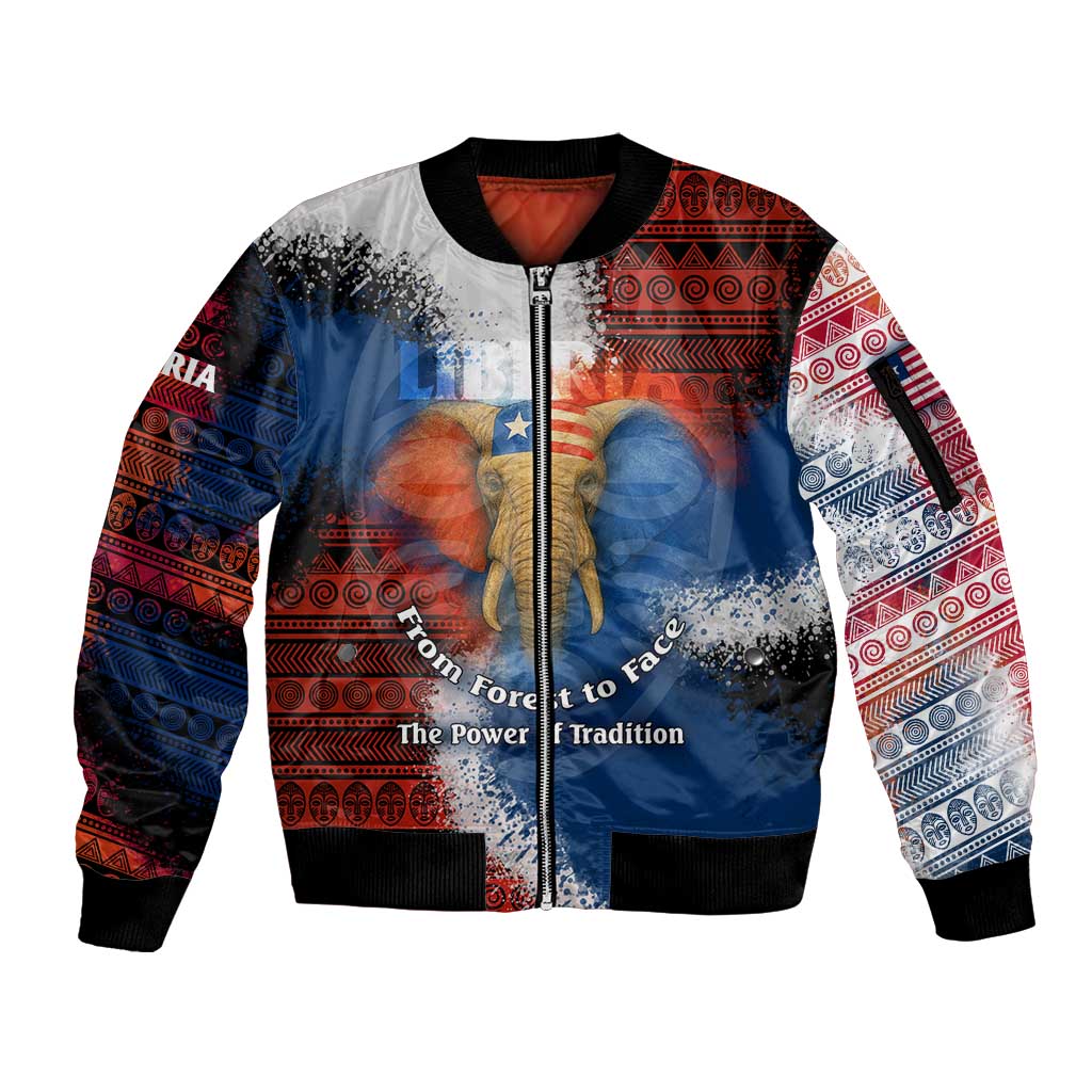 Liberia Elephant Power of Tradition Sleeve Zip Bomber Jacket with Tribal Red Blue Splash Pattern