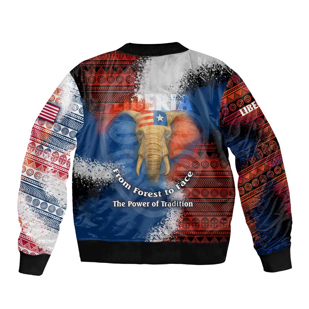 Liberia Elephant Power of Tradition Sleeve Zip Bomber Jacket with Tribal Red Blue Splash Pattern