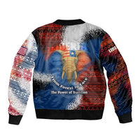 Liberia Elephant Power of Tradition Sleeve Zip Bomber Jacket with Tribal Red Blue Splash Pattern
