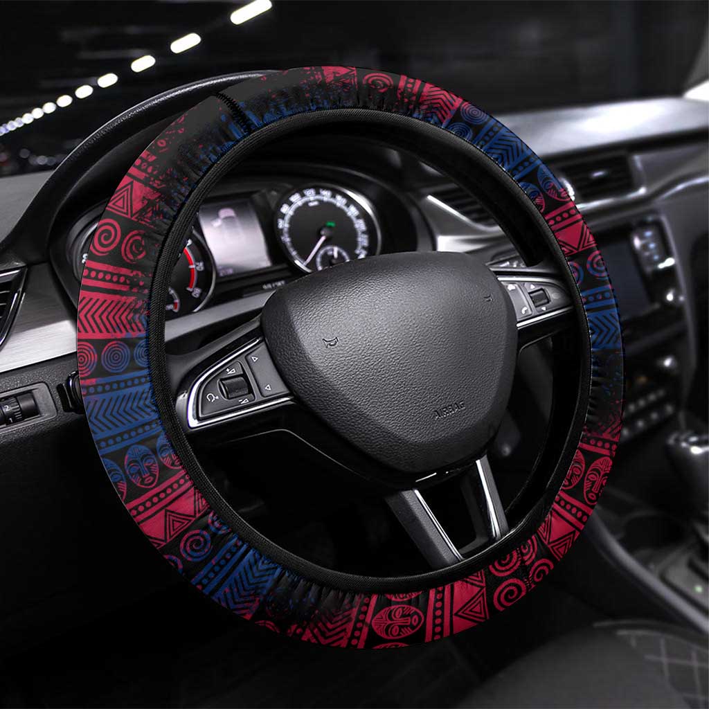 Liberia Elephant Power of Tradition Steering Wheel Cover with Tribal Red Blue Splash Pattern