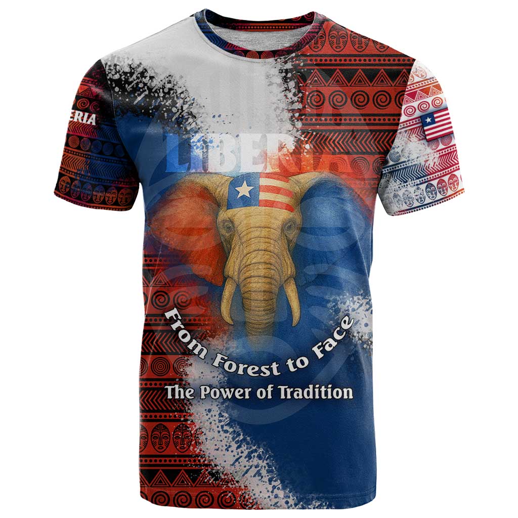 Liberia Elephant Power of Tradition T Shirt with Tribal Red Blue Splash Pattern