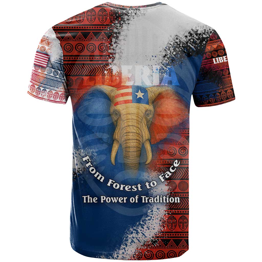 Liberia Elephant Power of Tradition T Shirt with Tribal Red Blue Splash Pattern