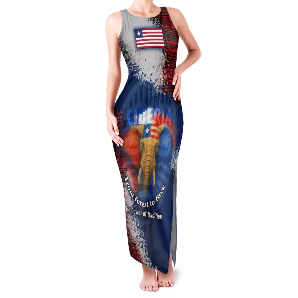 Liberia Elephant Power of Tradition Tank Maxi Dress with Tribal Red Blue Splash Pattern