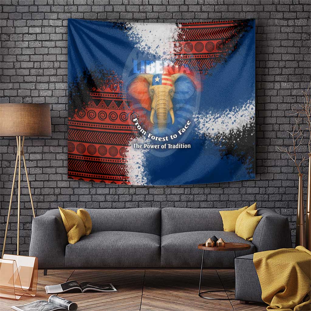 Liberia Elephant Power of Tradition Tapestry with Tribal Red Blue Splash Pattern