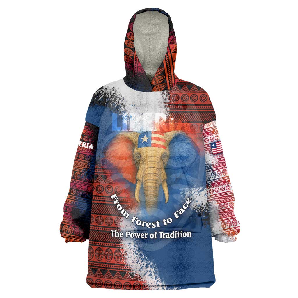 Liberia Elephant Power of Tradition Wearable Blanket Hoodie with Tribal Red Blue Splash Pattern