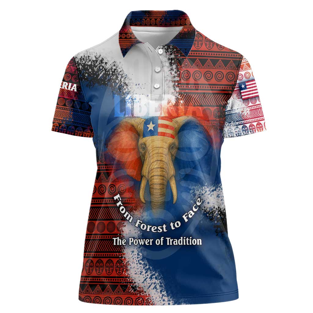Liberia Elephant Power of Tradition Women Polo Shirt with Tribal Red Blue Splash Pattern