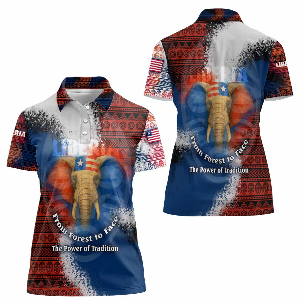 Liberia Elephant Power of Tradition Women Polo Shirt with Tribal Red Blue Splash Pattern
