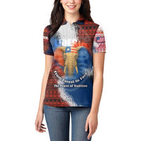 Liberia Elephant Power of Tradition Women Polo Shirt with Tribal Red Blue Splash Pattern