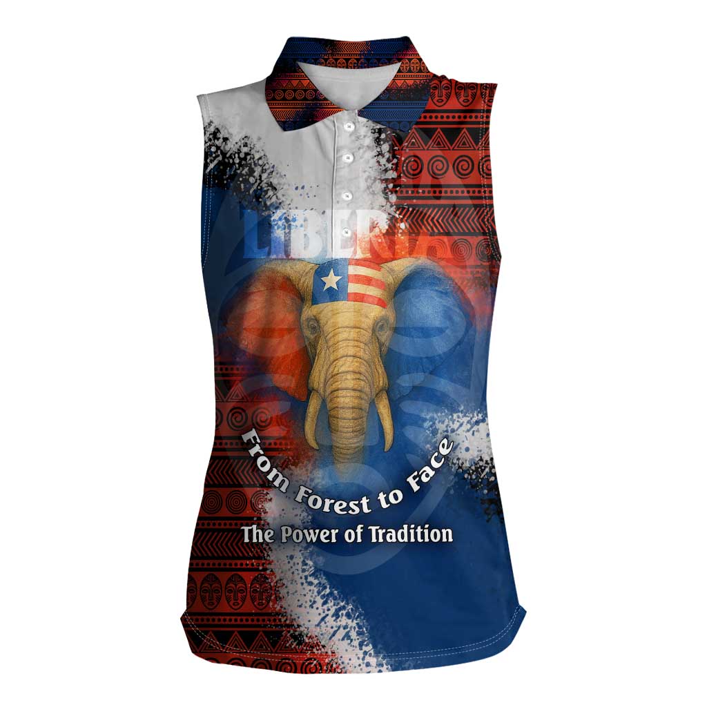 Liberia Elephant Power of Tradition Women Sleeveless Polo Shirt with Tribal Red Blue Splash Pattern