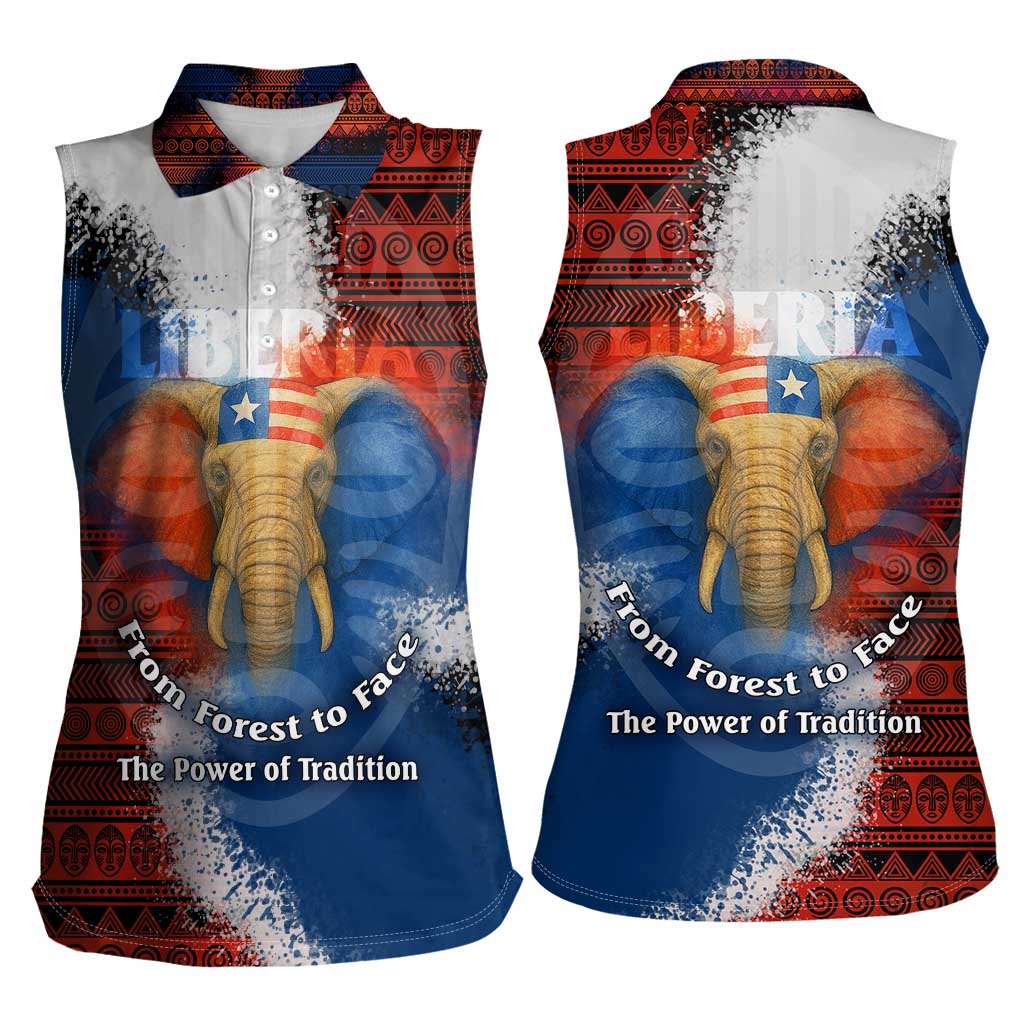 Liberia Elephant Power of Tradition Women Sleeveless Polo Shirt with Tribal Red Blue Splash Pattern