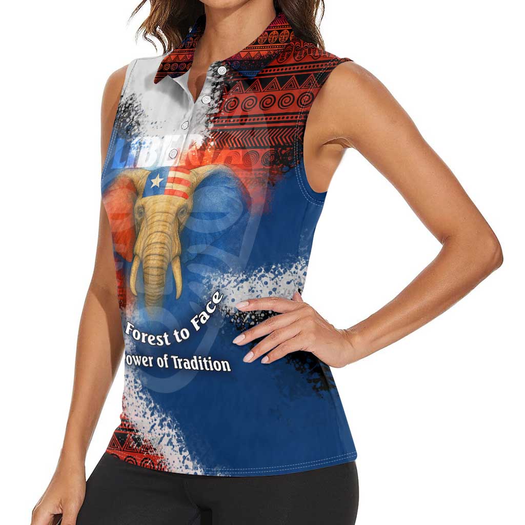 Liberia Elephant Power of Tradition Women Sleeveless Polo Shirt with Tribal Red Blue Splash Pattern