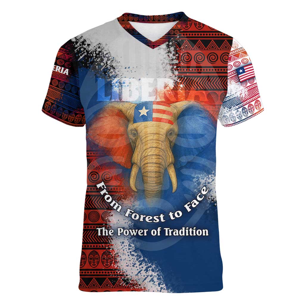 Liberia Elephant Power of Tradition Women V-Neck T-Shirt with Tribal Red Blue Splash Pattern