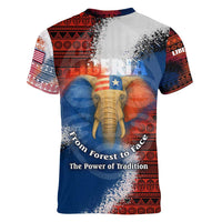Liberia Elephant Power of Tradition Women V-Neck T-Shirt with Tribal Red Blue Splash Pattern