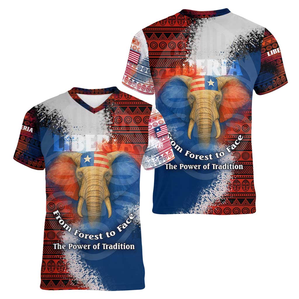 Liberia Elephant Power of Tradition Women V-Neck T-Shirt with Tribal Red Blue Splash Pattern