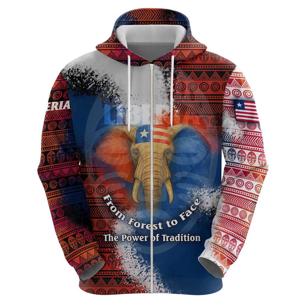 Liberia Elephant Power of Tradition Zip Hoodie with Tribal Red Blue Splash Pattern