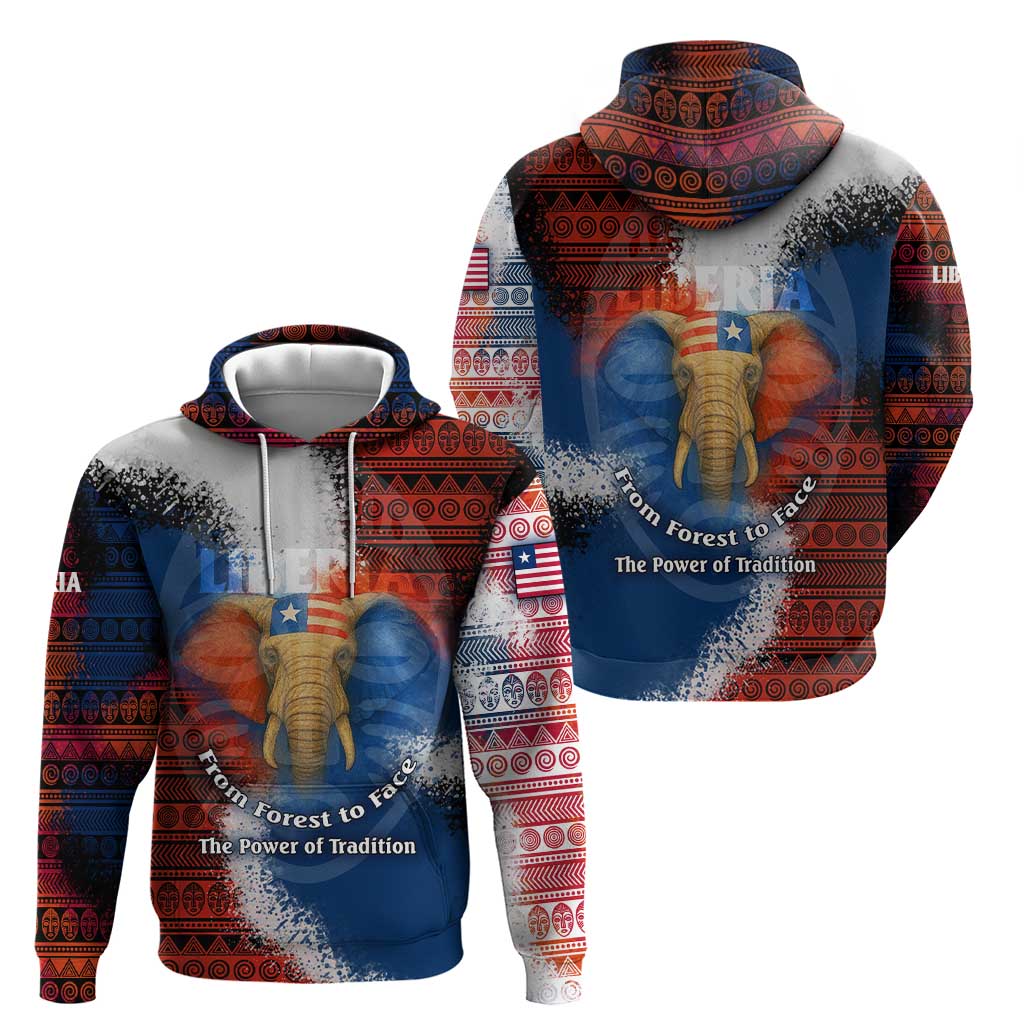 Liberia Elephant Power of Tradition Zip Hoodie with Tribal Red Blue Splash Pattern
