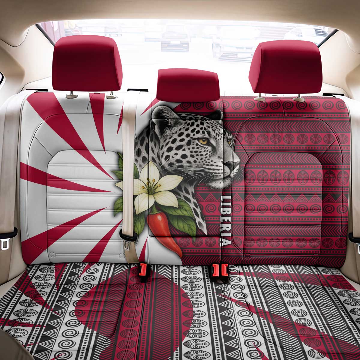 Liberia Back Car Seat Cover with Leopard Head, White Lily, and Red Chili Tribal Design - Wonder Print Shop