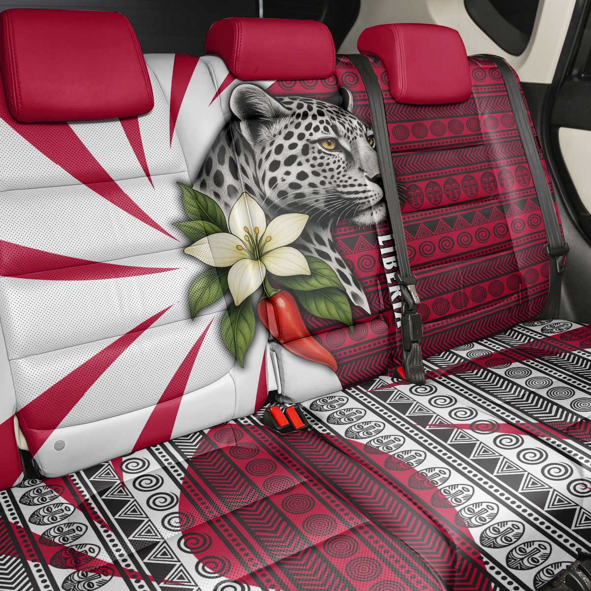Liberia Back Car Seat Cover with Leopard Head, White Lily, and Red Chili Tribal Design - Wonder Print Shop